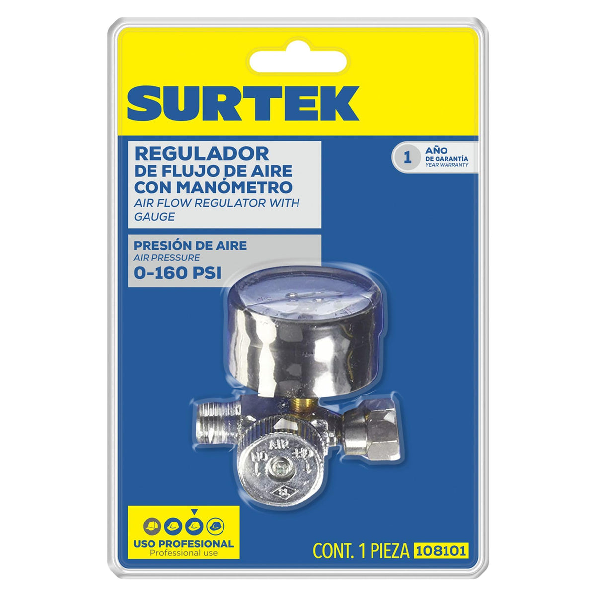 Regulador de Flujo de Aire con Manómetro 0-160PSI Surtek