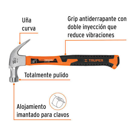Martillo de Uña Recta 16 oz Mango de Fibra de Vidrio Truper (MAR-16F)