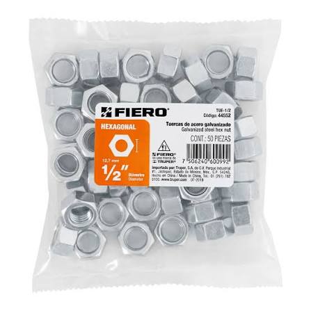 Bolsa con 50 Tuercas 1/2" Hexagonales de Acero Galvanizado Truper