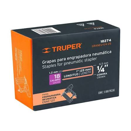 Caja con 5,000 Grapas Corona de 1/4" Calibre 18, 25 mm para ENNE-120 Truper