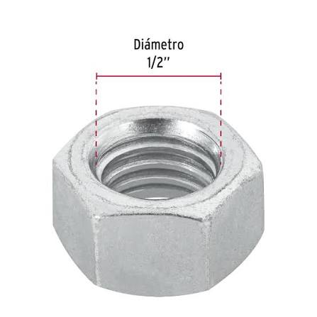 Bolsa con 50 Tuercas 1/2" Hexagonales de Acero Galvanizado Truper