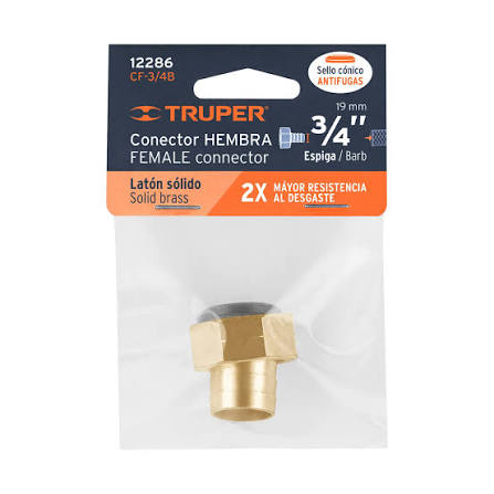 Conector Hembra de Latón Sólido de 3/4" para Manguera Truper
