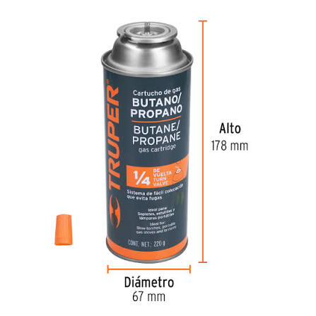 Lata de Gas Butano/Propano de 220 g con Válvula de 1/4 de Vuelta Truper