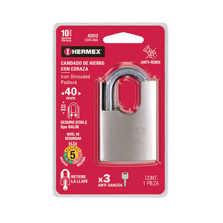 Candado de Hierro de 40 mm con Coraza y Llave Antiganzúa Truper