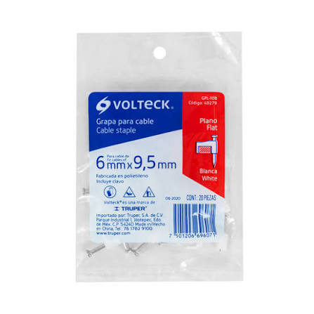 Bolsa con 20 Grapas Blancas de 6 x 9.5 mm para Cable Plano Truper (GPL-10B)