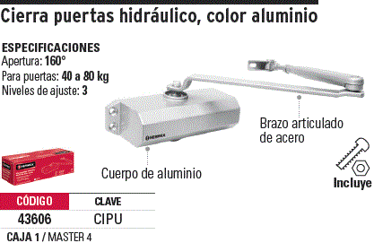 Cierrapuertas Hidráulico Color Aluminio Truper